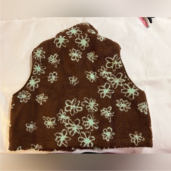 Brown cropped faux fur fleecy xl vest womens cider NWT turquoise front pockets - Picture 6 of 12